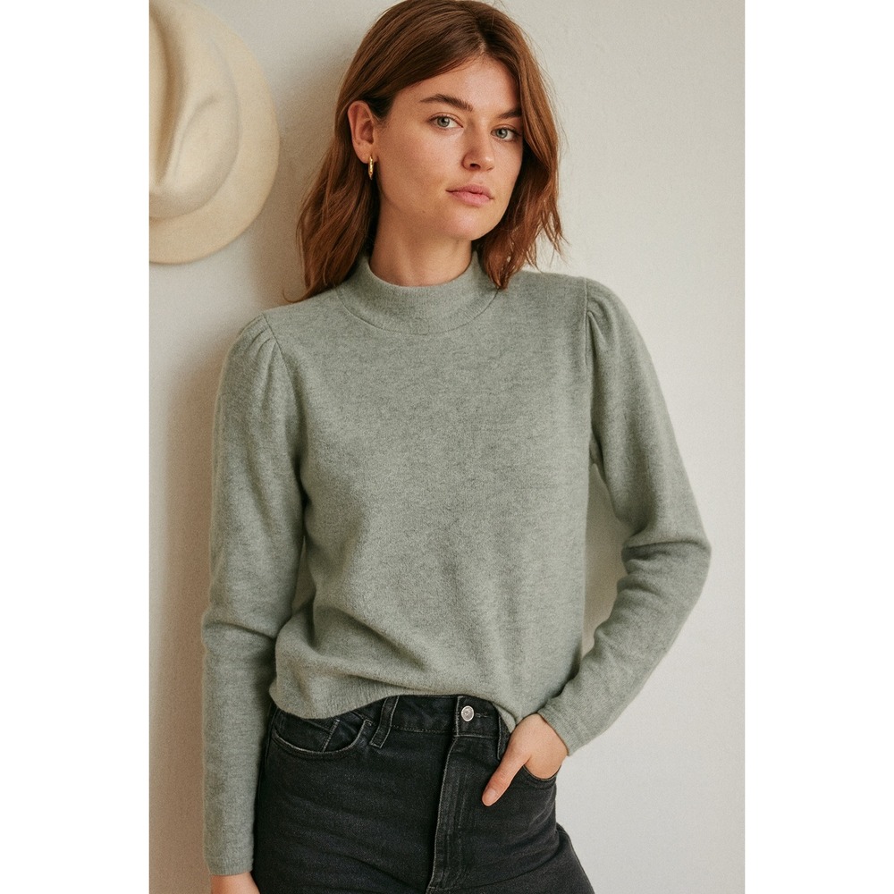 Madewell Top Sage Green Plush Mock-Neck Puff-Sleeve Top Small NB512 Casual